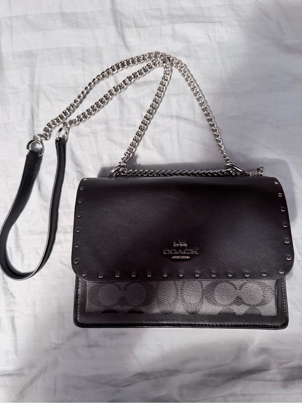 Coach Black Leather & Signature Canvas Shoulder Bag with Silver Chain